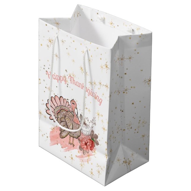 Sac Cadeau Moyen Bon thanksgiving rose Turquie et Citrouilles (Devant Angle)