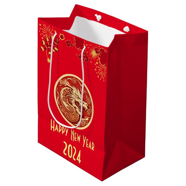 Sac Cadeau Moyen Bonne année chinoise 2024 Dragon (Devant Angle)