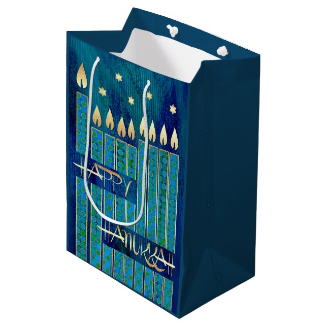 Sac Cadeau Moyen Bonne Hanoukka. Minorah bougies (Devant Angle)
