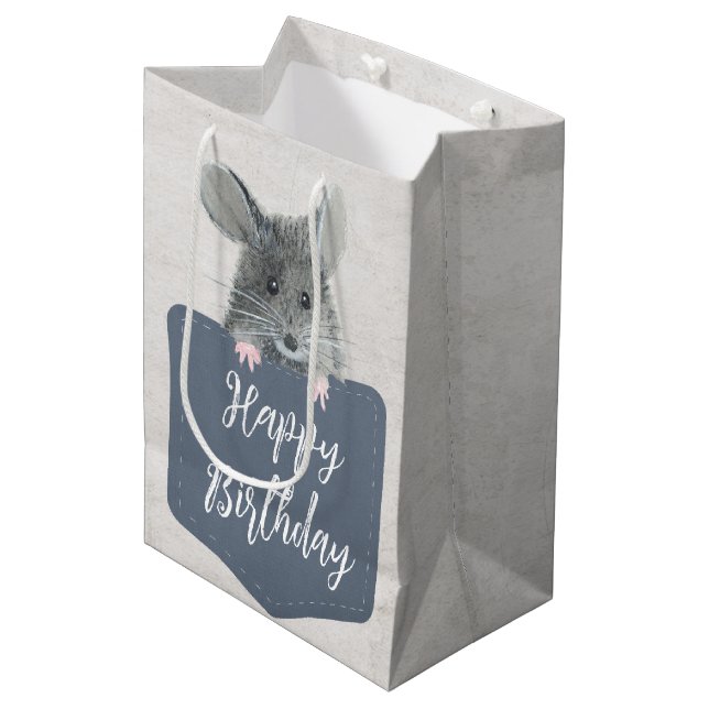 Sac Cadeau Moyen Bonne Souris D'Anniversaire À Pocket (Devant Angle)