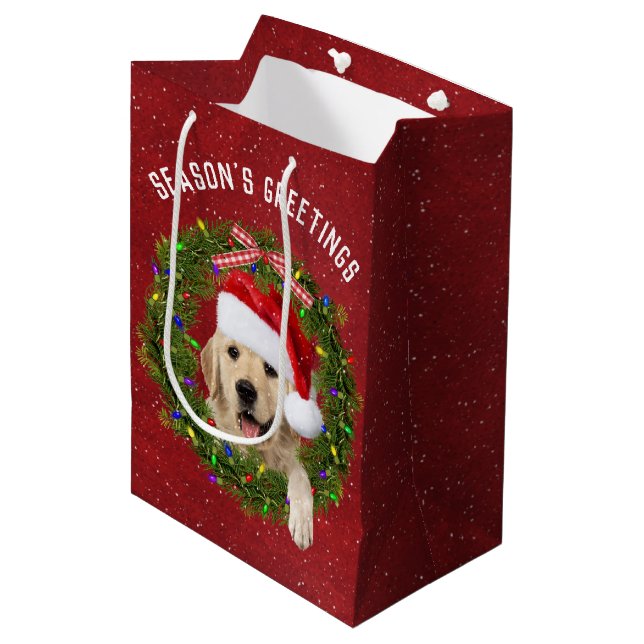 Sac Cadeau Moyen Bonnes Fêtes Golden Retriever en couronne (Devant Angle)