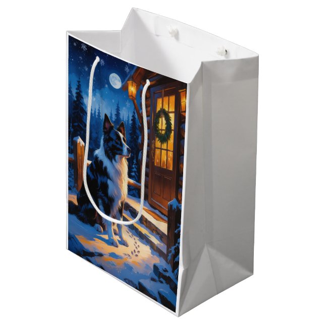 Sac Cadeau Moyen Border Collie avec lumières de Noël vacances (Devant Angle)