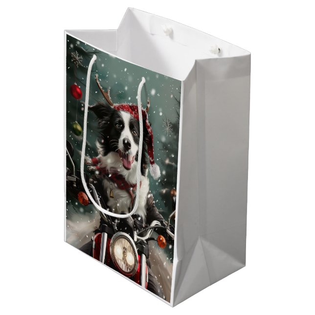 Sac Cadeau Moyen Bordure Collie Chien équitation Moto Noël (Devant Angle)