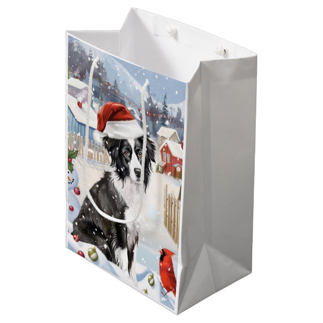Sac Cadeau Moyen Bordure Collie Chien Hiver Merveilles Pays Noël Jo (Devant Angle)