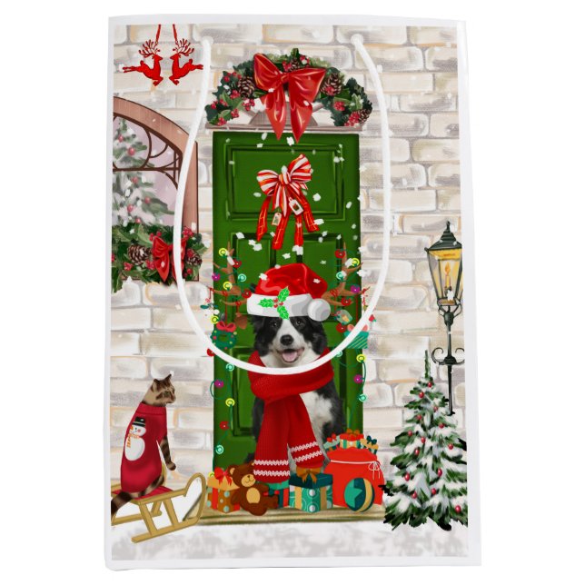 Sac Cadeau Moyen Bordure Collie Chien Noël (Devant)
