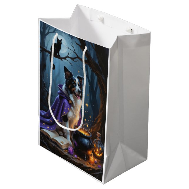 Sac Cadeau Moyen Bordure Collie Chien Whimsical Halloween Peinture (Devant Angle)