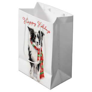 Sac Cadeau Moyen Bordure de Noël Collie Chien
