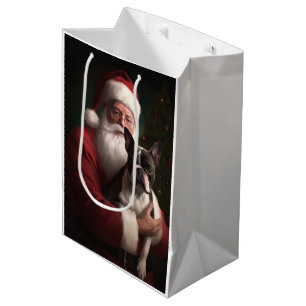 Sac Cadeau Moyen Boston Terrier avec Noël Festif du Père Noël