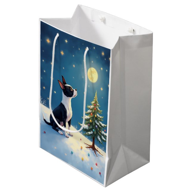 Sac Cadeau Moyen Boston Terrier Midnight Star-Gazing Christmas (Devant Angle)