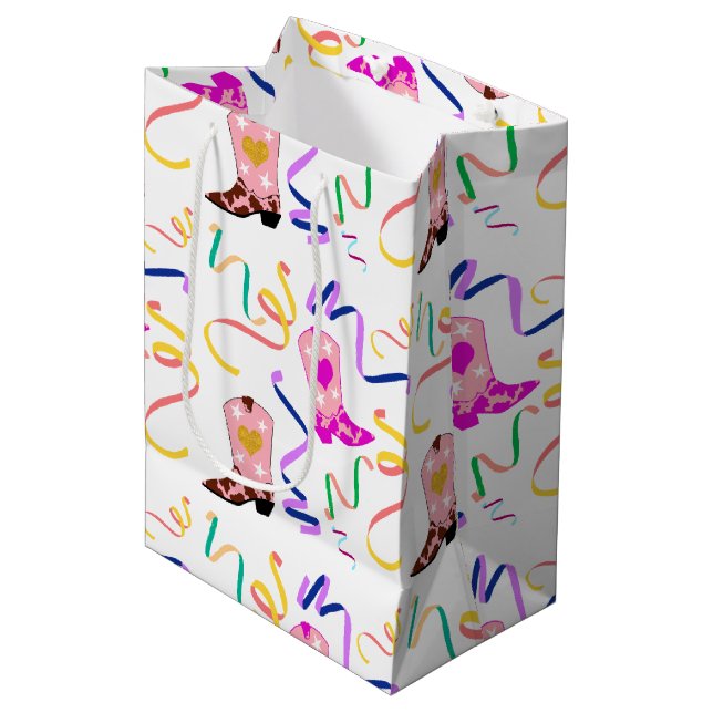 Sac Cadeau Moyen Botte occidentale rose moderne Confetti Blanc (Devant Angle)