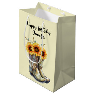 Sac Cadeau Moyen Bottes rustiques Cowboy avec tournesol Anniversair