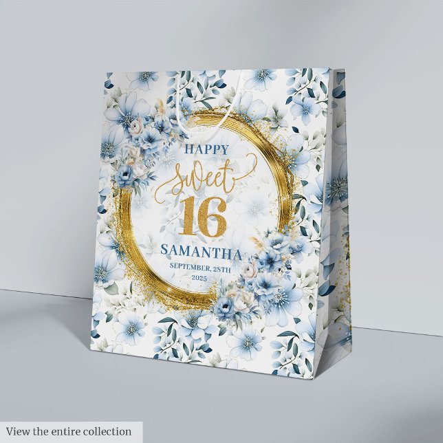 Sac Cadeau Moyen Bouchon de luxe Pastel Blue Sweet 16 Gold Parties  (Luxury Pastel Blue Sweet 16 Gold Glitter Party Bag)