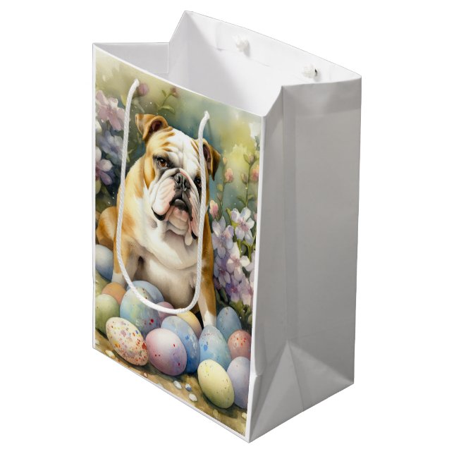 Sac Cadeau Moyen Bouledogue avec œufs de Pâques vacances (Devant Angle)