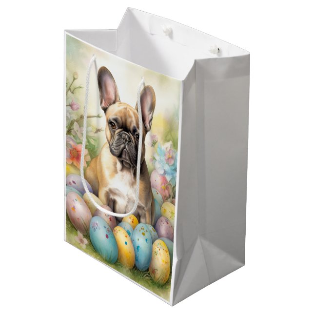 Sac Cadeau Moyen Bouledogue français avec œufs de Pâques (Devant Angle)