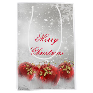 Sac Cadeau Moyen Boules de houx rouges et dorées Merry Christmas ar