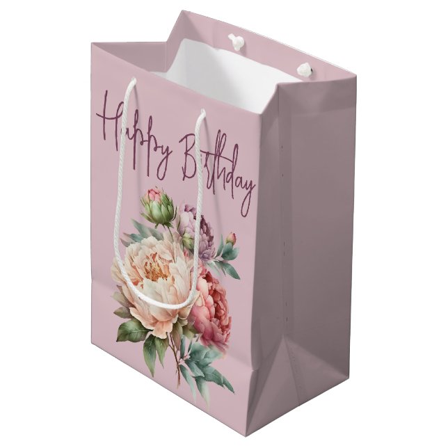 Sac Cadeau Moyen Bouquet d'anniversaire Peony sur rose (Devant Angle)