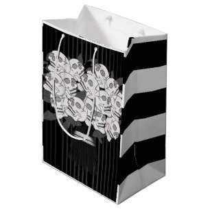 Sac Cadeau Moyen Bouquet de Roses de Crâne Fête Mariage Noir & Blan