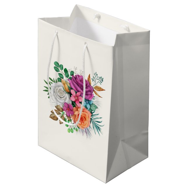 Sac Cadeau Moyen Bouquet floral rose, orange et blanc (Devant Angle)