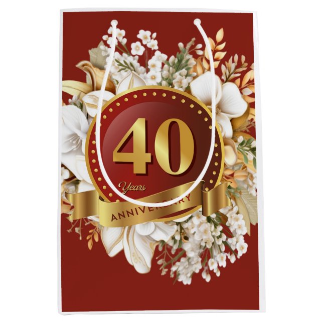 Sac Cadeau Moyen Bourgogne et or Floral 40e anniversaire Mariage (Devant)