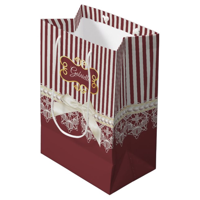 Sac Cadeau Moyen Bourgogne Rayure Dentelle Nom (Devant Angle)