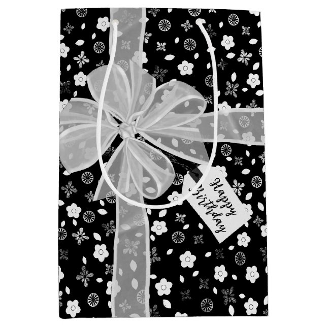 Sac Cadeau Moyen Bow Anniversaire Sur Impression Florale (Devant)