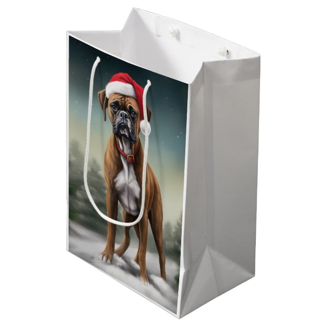 Sac Cadeau Moyen Boxer dans la neige de Noël  (Devant Angle)