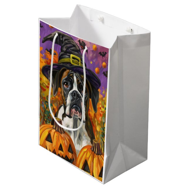 Sac Cadeau Moyen Boxer éffrayant Halloween sorcière et Citrouille (Devant Angle)