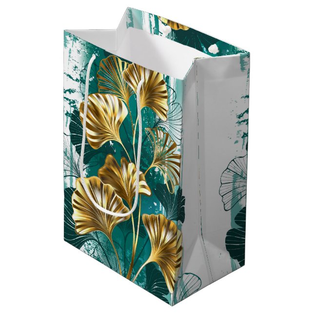 Sac Cadeau Moyen Branche avec Feuilles d'or Ginko Biloba (Devant Angle)