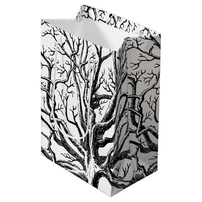 Sac Cadeau Moyen Branches rustiques Abstraites en noir et blanc (Devant Angle)