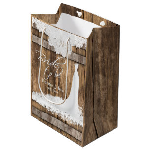 Sac Cadeau Moyen Bride à être - Bois rustique et dentelle blanche
