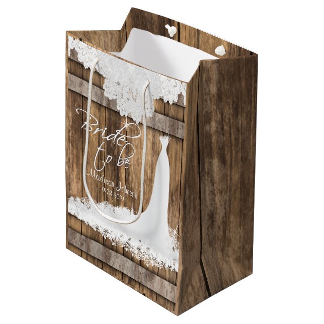 Sac Cadeau Moyen Bride à être - Bois rustique et dentelle blanche (Devant Angle)