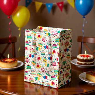 Sac Cadeau Moyen Bright Birthday Cakes and Balloons Wrapping Paper