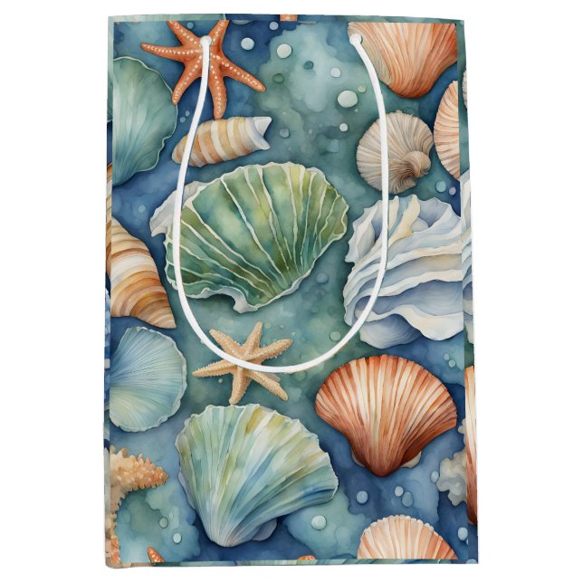 Sac Cadeau Moyen Brise Océanique Aquarelle : Coquillage et Étoile d (Devant)