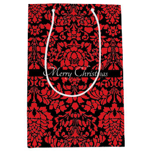 Sac Cadeau Moyen Brocade de Noël rouge foncé avec bande de texte