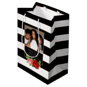 Sac Cadeau Moyen Bronze floral Grille noire et blanche - Photo pers