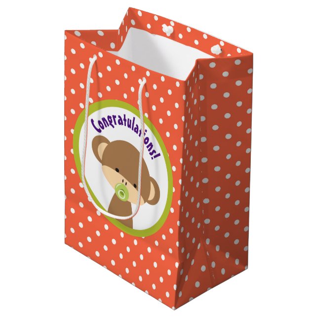 Sac Cadeau Moyen Brown singe-bébé avec Pacifier Félicitations (Devant Angle)