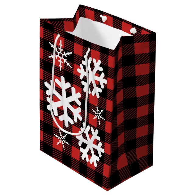 Sac Cadeau Moyen Buffalo Check Plaid & White Snowflakes (Devant Angle)