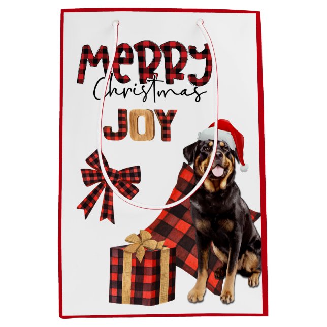 Sac Cadeau Moyen Buffalo Plaid Rottweiler Chien Noël (Devant)