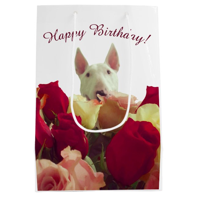 Sac Cadeau Moyen Bull terrier avec rose - Joyeux anniversaire! (Dos)