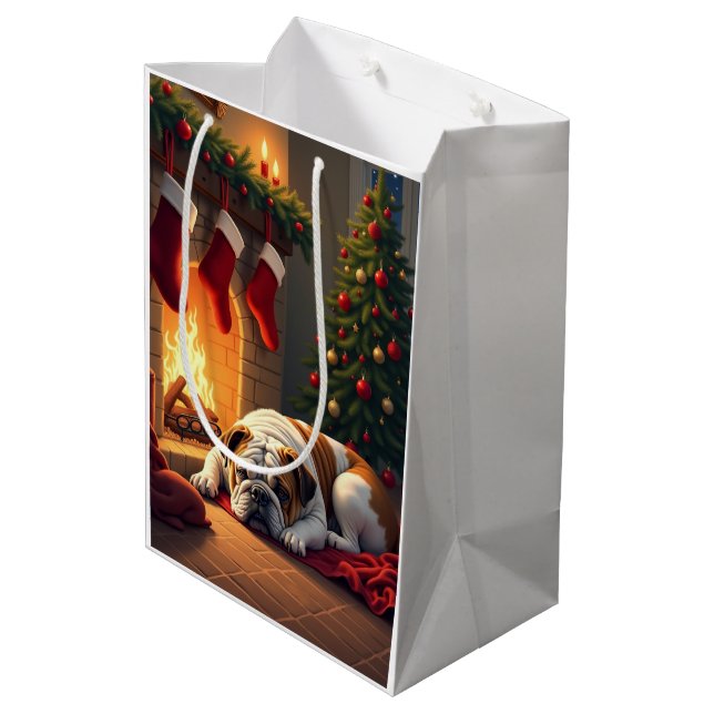 Sac Cadeau Moyen Bulldog by the Fireplace Christmas Painting (Dos Angle)