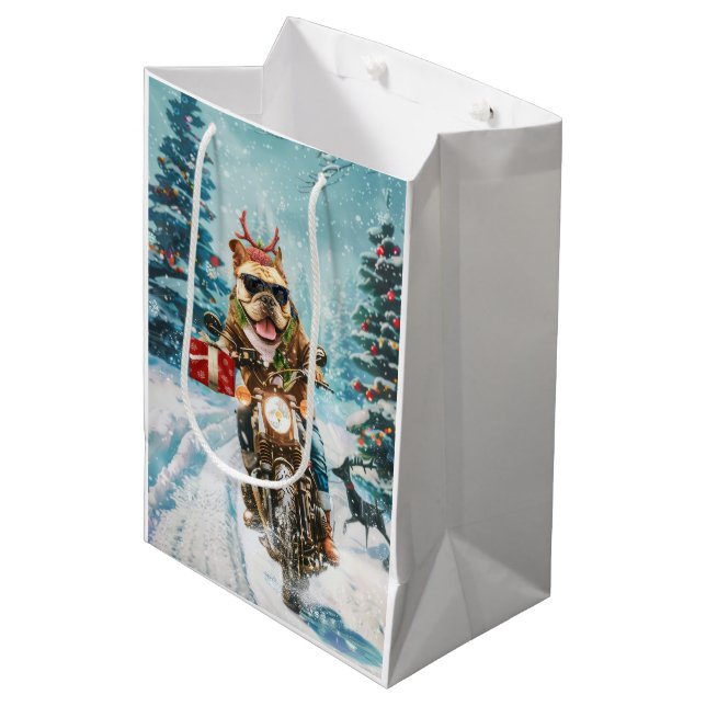 Sac Cadeau Moyen Bulldog équitation moto Noël (Devant Angle)