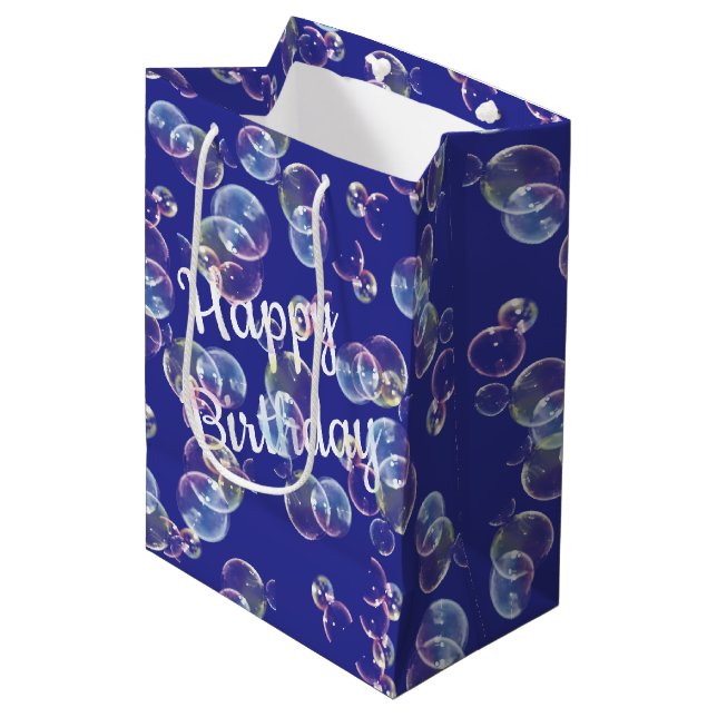 Sac Cadeau Moyen Bulles De Savon Anniversaire En Bleu (Devant Angle)