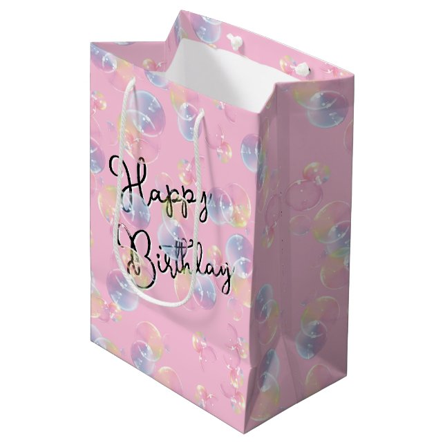Sac Cadeau Moyen Bulles De Savon D'Anniversaire Sur Rose (Devant Angle)