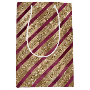 Sac Cadeau Moyen Burgundy Gold Parties scintillant Stripes