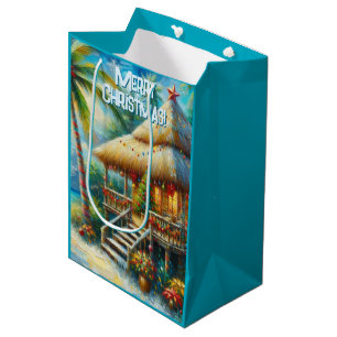 Sac Cadeau Moyen Cabane Tropicale Noël Palm Tree Beach Lumières
