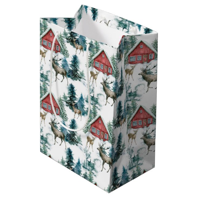 Sac Cadeau Moyen Cabine dans les bois avec cerfs et arbres enneigés (Dos Angle)