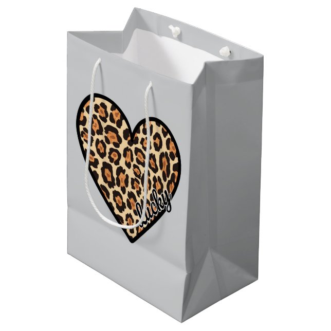 Sac Cadeau Moyen Cadeau de la Saint-Valentin cœur de léopard mignon (Devant Angle)