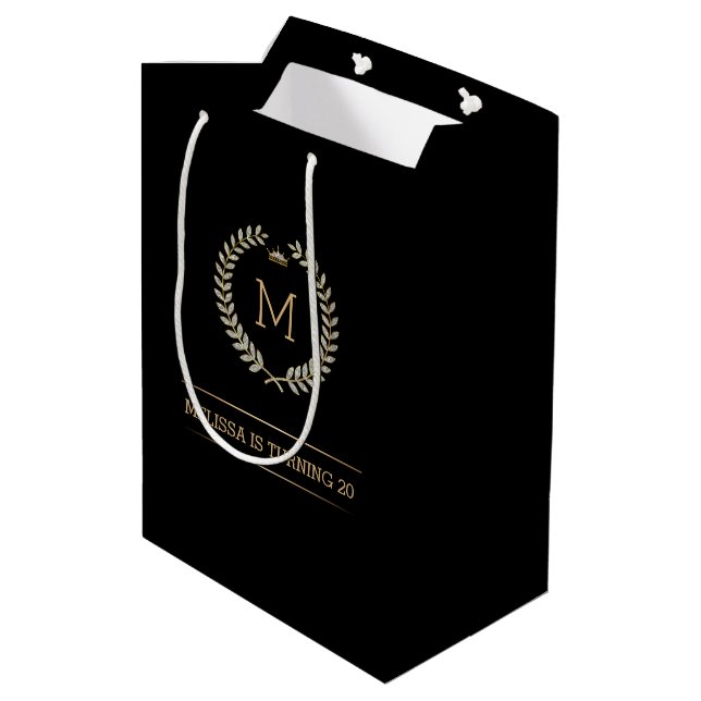 Sac Cadeau Moyen Cadre de couronne de laurier or et argent en noir (Dos Angle)