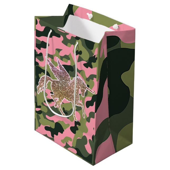 Sac Cadeau Moyen Camouflage rose vert & Parties scintillant or Unic (Devant Angle)