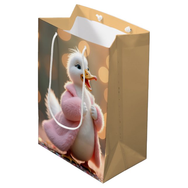 Sac Cadeau Moyen Canard d'anniversaire en fourrure rose (Devant Angle)